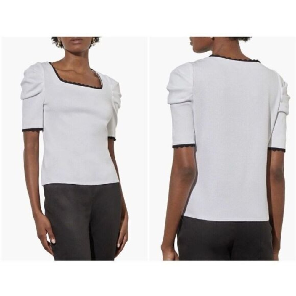 Ming Wang White Knit Puff Sleeve Top Square Neck Black Scalloped Trim M Parisian